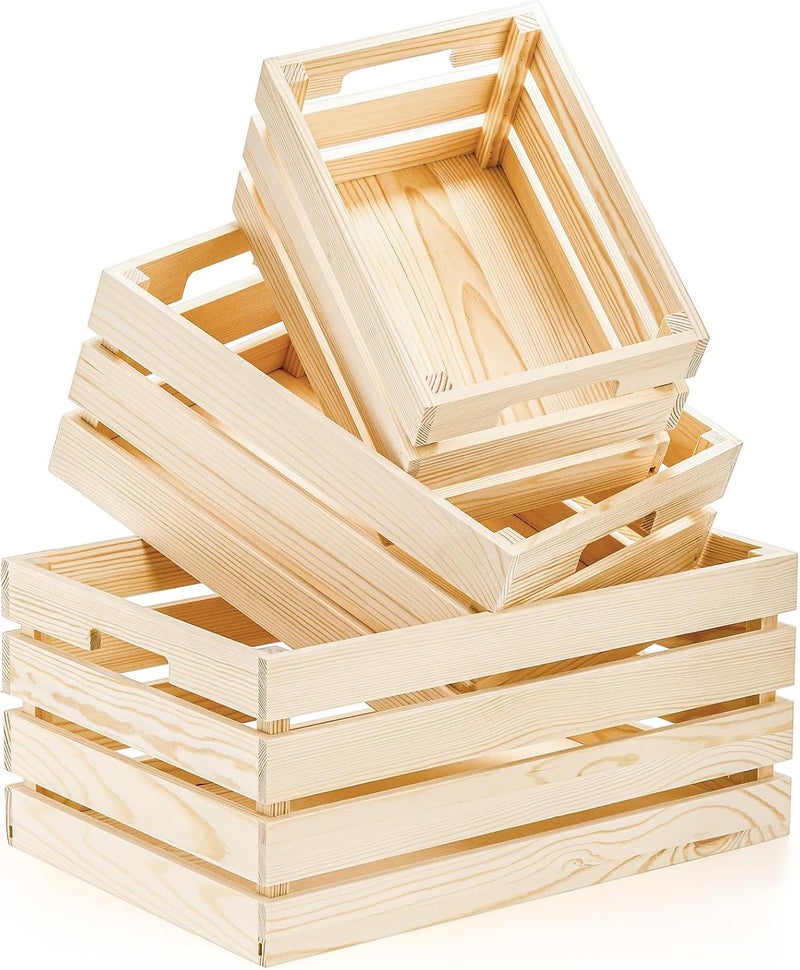 Youeon Set of 3 Rustic Wooden Nesting Crates with Handles, Decorative Wooden Crates, Crate Box Wooden Storage Box for Kitchen, Office, Bedroom, Closet, Rustic Country Decor - Image 1